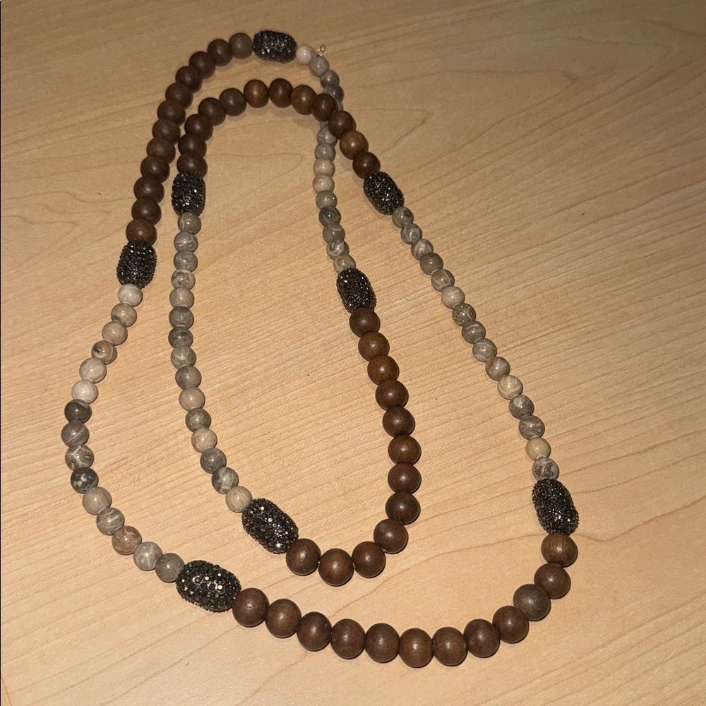 Long Beaded VINTAGE Necklace - Never Worn Brown Bead and Rhinestone Accent Beads